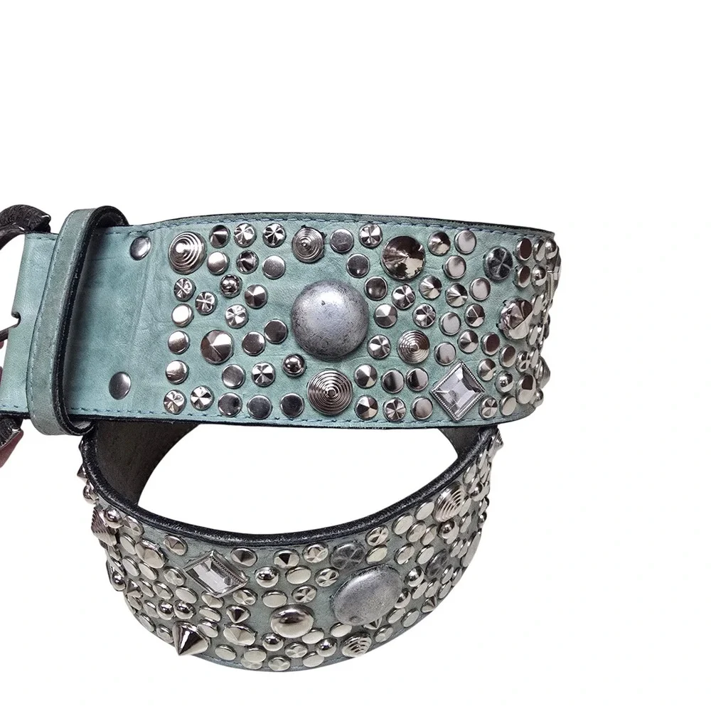 Chad Calvin Designs Teal Leather‎ Studded Belt Western Boho Cowgirl Silver 26